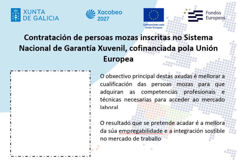 Subvención destinada á contratación de persoas mozas inscritas no Sistema Nacional de Garantía Xuvenil, no ámbito da Comunidade Autónoma de Galicia, a través da colaboración con organismos intermedios sen ánimo de lucro, cofinanciadas pola Unión Europea no marco do Programa FSE+ Galicia 2021-2027; ao abeiro da cal se leva a cabo a contratación dunha persoa desempregada inscrita no SNGX, para o apoio nas accións de dinamización levadas a cabo por esta Asociación na comarca de Melide.